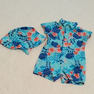 The Children's Place Tropical Floral Aqua Romper with Hat